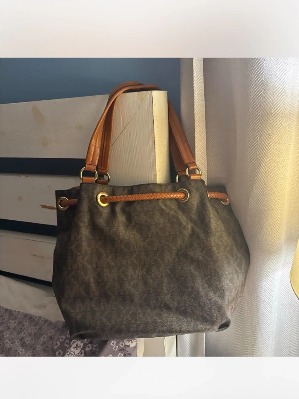 Michael Kors Chocolate Brown Leather Shoulder Bag with Tan Trim and Tassels